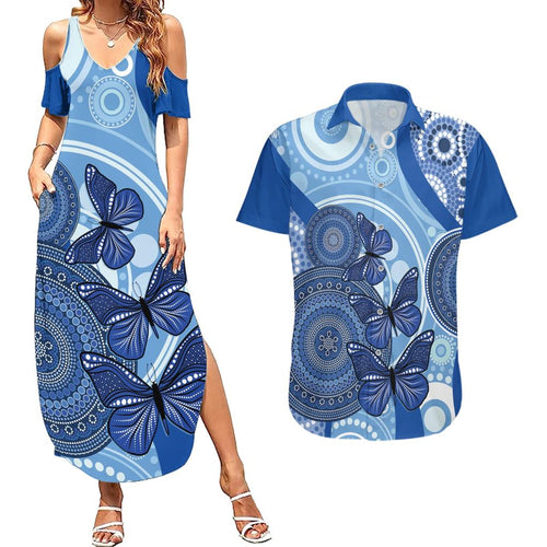 Australia Autism Awareness Couples Matching Summer Maxi Dress and Hawaiian Shirt 4 April Indigenous Butterfly