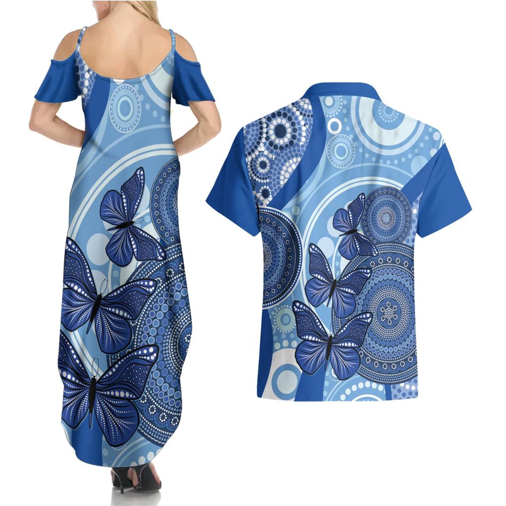 Australia Autism Awareness Couples Matching Summer Maxi Dress and Hawaiian Shirt 4 April Indigenous Butterfly