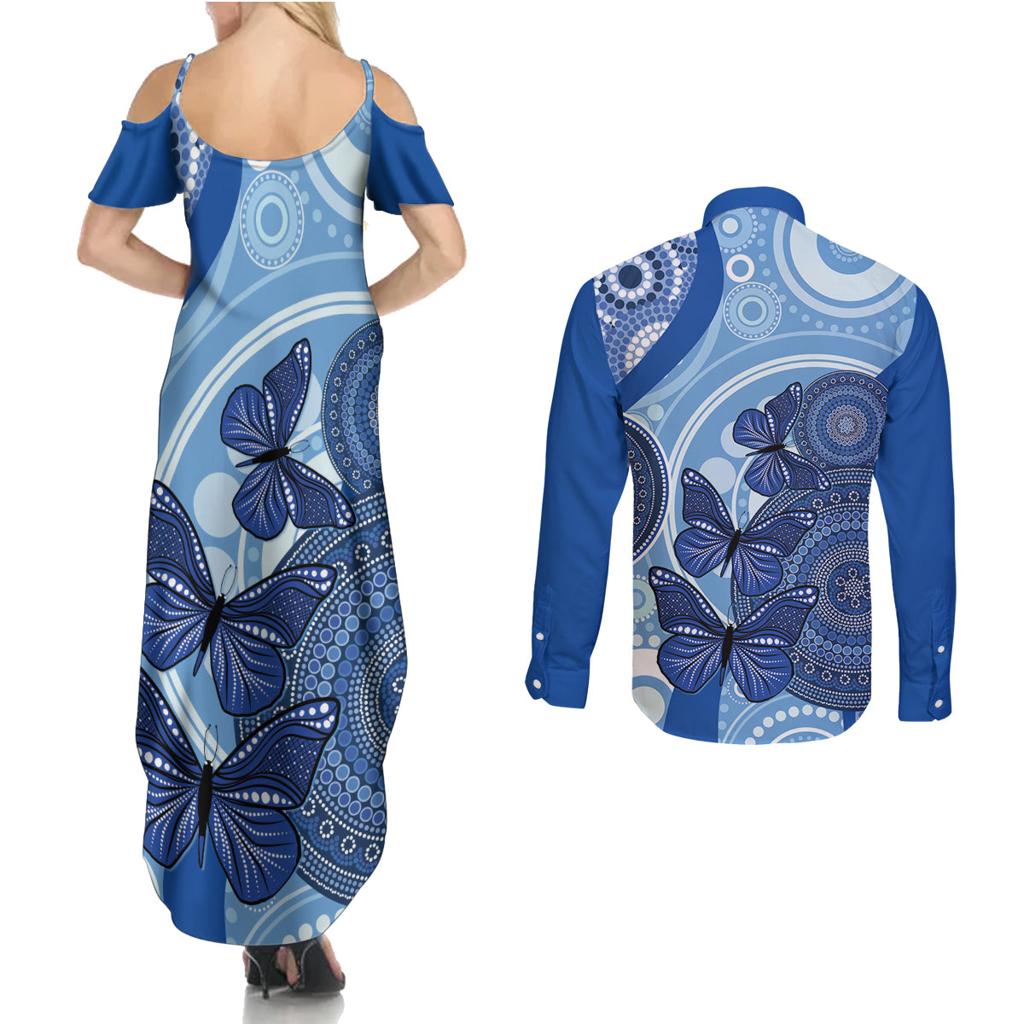 Australia Autism Awareness Couples Matching Summer Maxi Dress and Long Sleeve Button Shirt 4 April Indigenous Butterfly