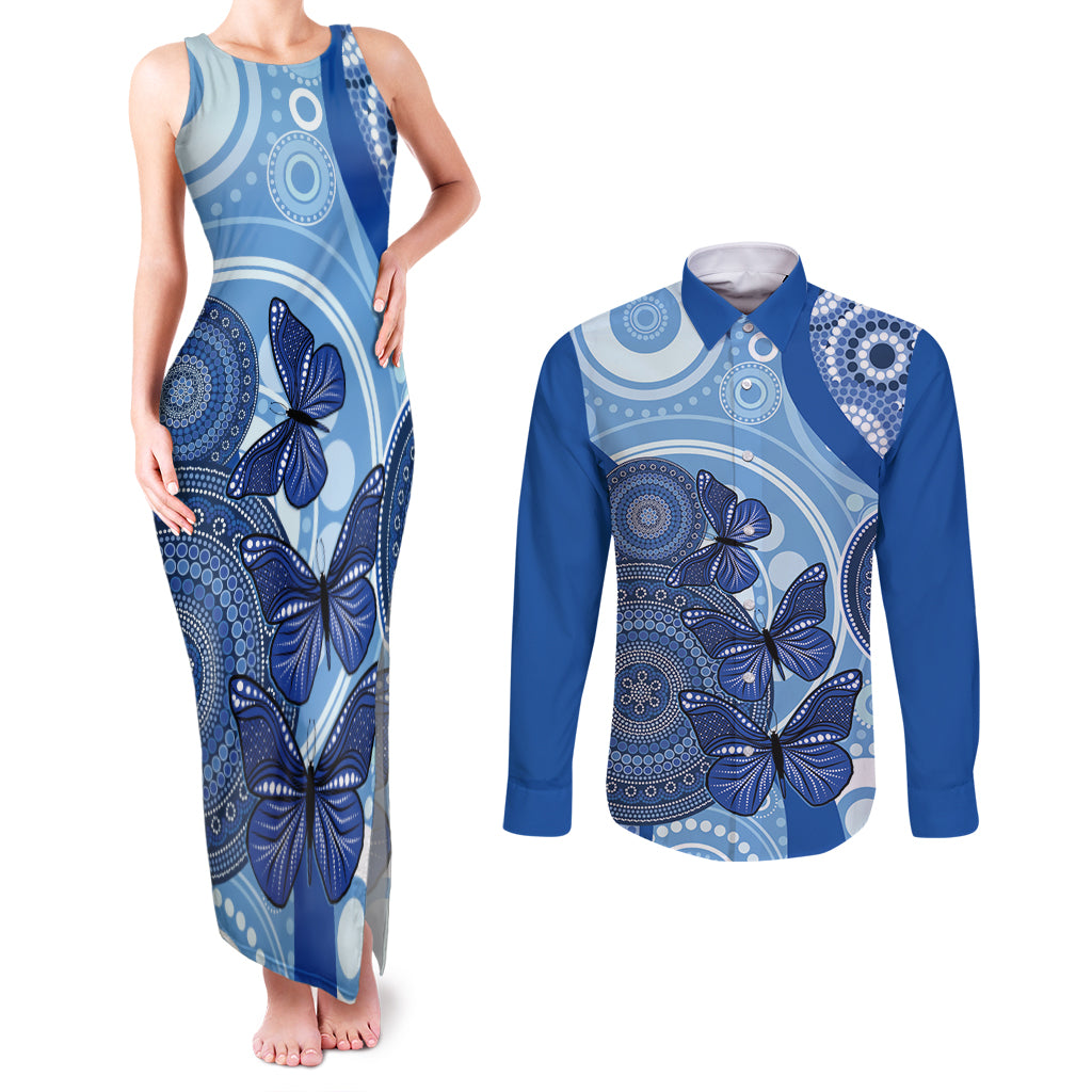 Australia Autism Awareness Couples Matching Tank Maxi Dress and Long Sleeve Button Shirt 4 April Indigenous Butterfly