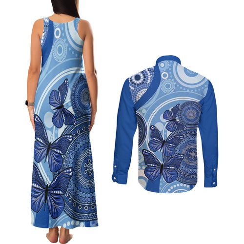 Australia Autism Awareness Couples Matching Tank Maxi Dress and Long Sleeve Button Shirt 4 April Indigenous Butterfly