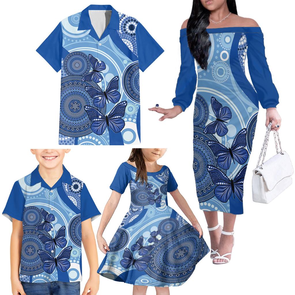 Australia Autism Awareness Family Matching Off The Shoulder Long Sleeve Dress and Hawaiian Shirt 4 April Indigenous Butterfly