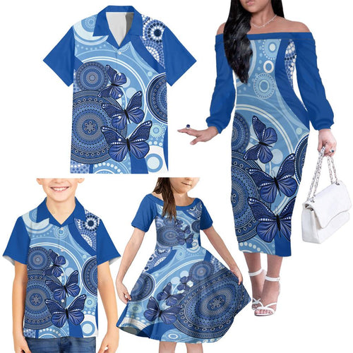 Australia Autism Awareness Family Matching Off The Shoulder Long Sleeve Dress and Hawaiian Shirt 4 April Indigenous Butterfly