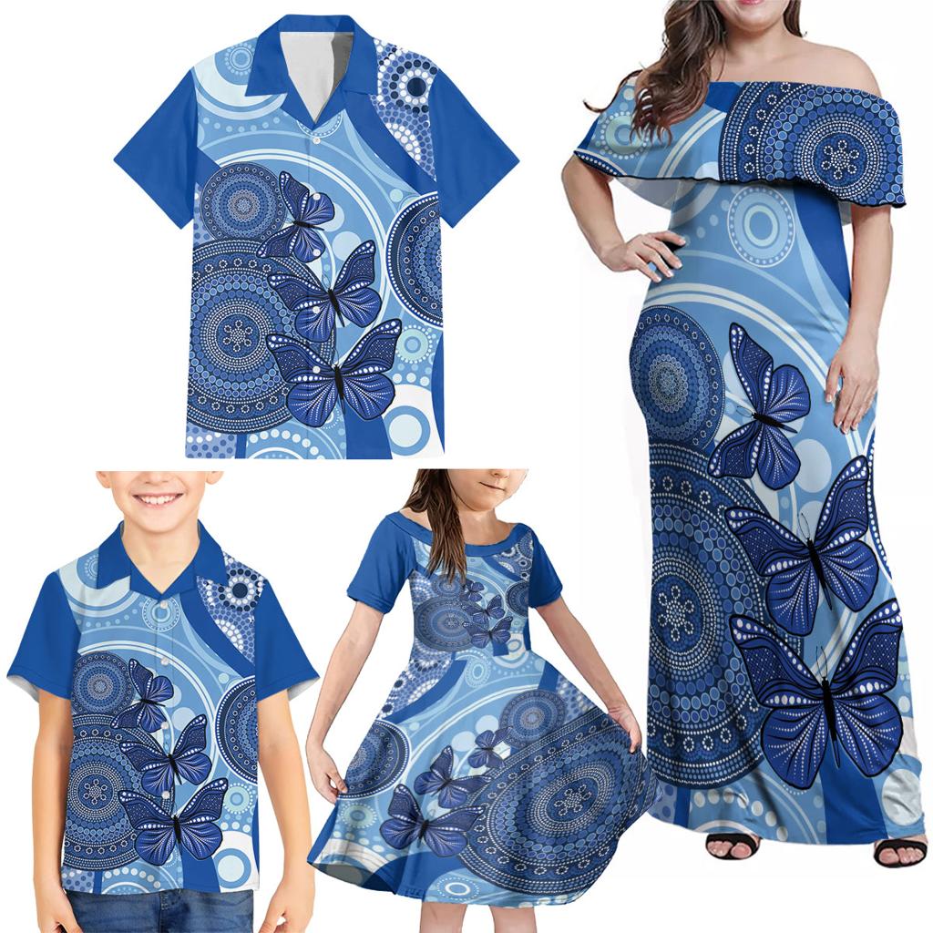 Australia Autism Awareness Family Matching Off Shoulder Maxi Dress and Hawaiian Shirt 4 April Indigenous Butterfly