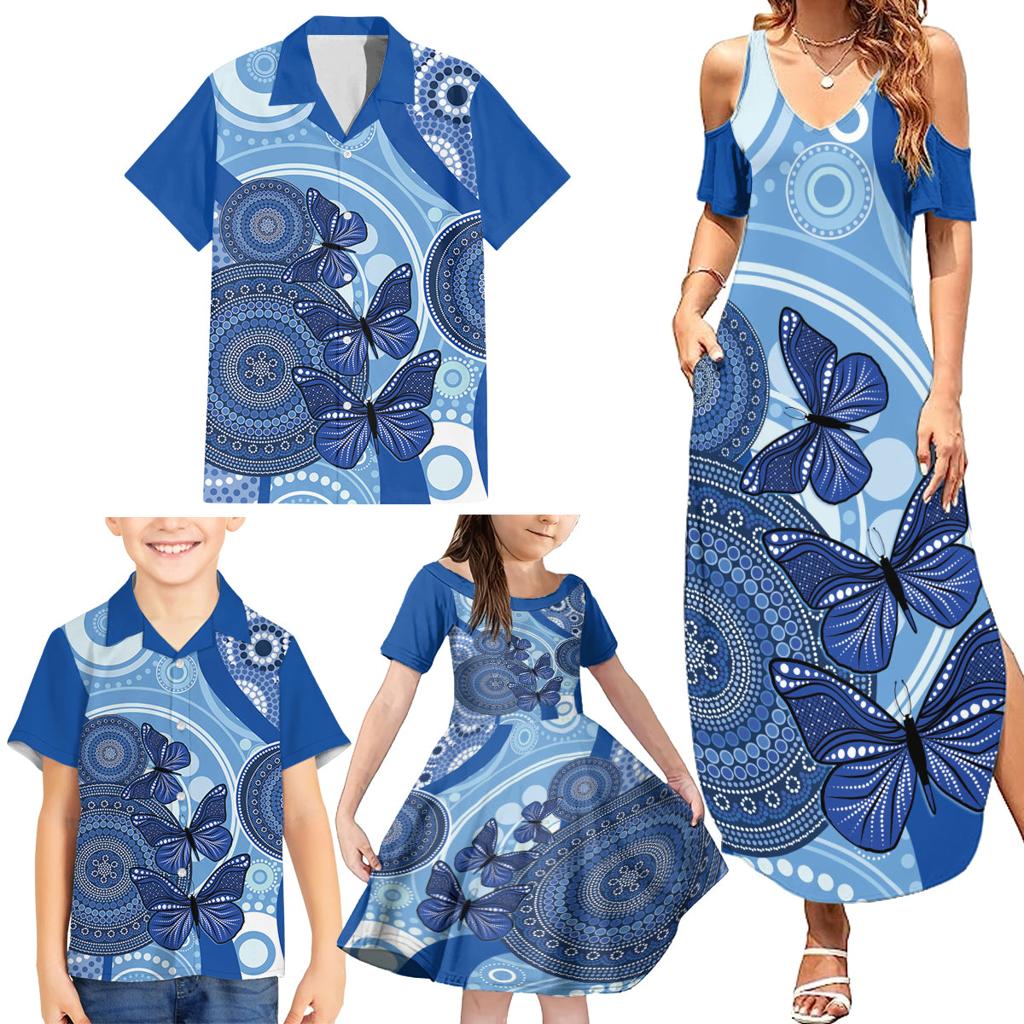 Australia Autism Awareness Family Matching Summer Maxi Dress and Hawaiian Shirt 4 April Indigenous Butterfly