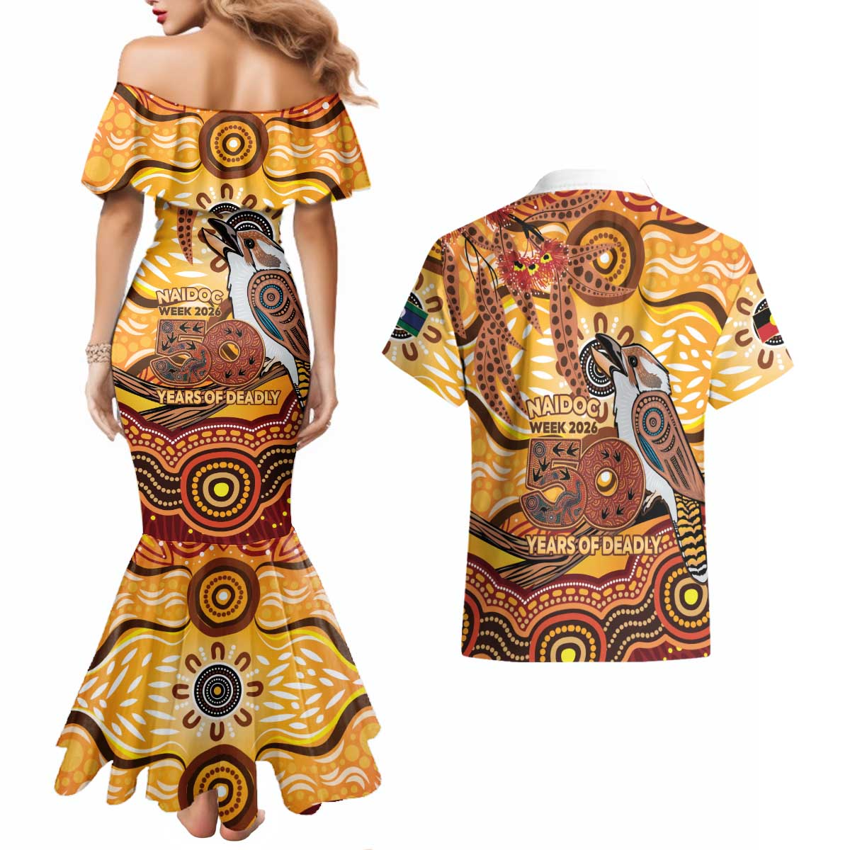 Kookaburra Australia NAIDOC Week 2026 Couples Matching Mermaid Dress and Hawaiian Shirt 50 Years Deadly Indigenous Art