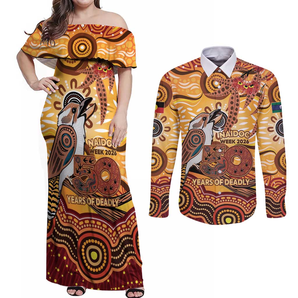 Kookaburra Australia NAIDOC Week 2026 Couples Matching Off Shoulder Maxi Dress and Long Sleeve Button Shirt 50 Years Deadly Indigenous Art