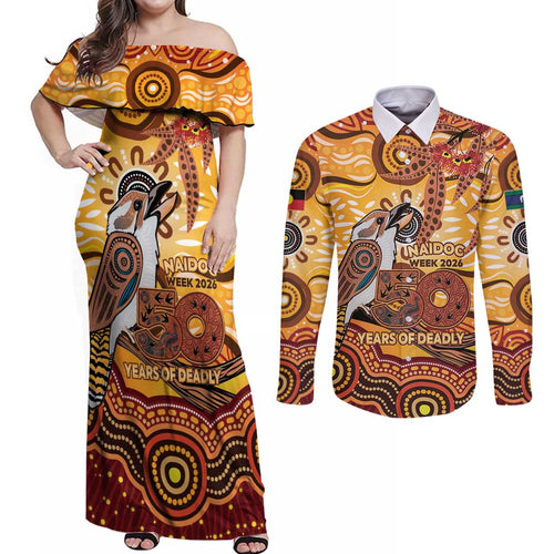 Kookaburra Australia NAIDOC Week 2026 Couples Matching Off Shoulder Maxi Dress and Long Sleeve Button Shirt 50 Years Deadly Indigenous Art