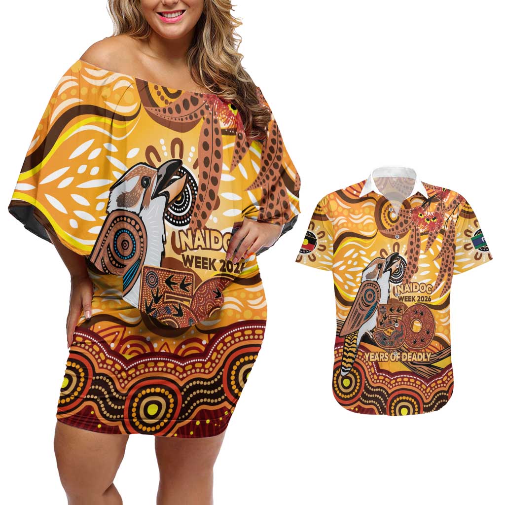 Kookaburra Australia NAIDOC Week 2026 Couples Matching Off Shoulder Short Dress and Hawaiian Shirt 50 Years Deadly Indigenous Art