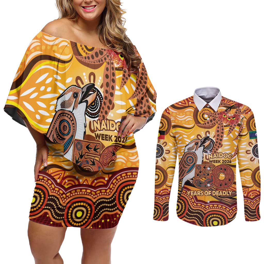 Kookaburra Australia NAIDOC Week 2026 Couples Matching Off Shoulder Short Dress and Long Sleeve Button Shirt 50 Years Deadly Indigenous Art