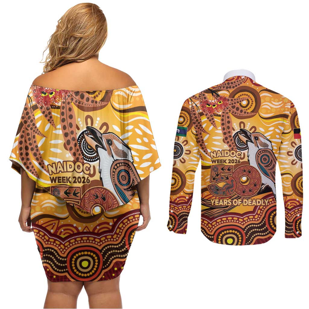 Kookaburra Australia NAIDOC Week 2026 Couples Matching Off Shoulder Short Dress and Long Sleeve Button Shirt 50 Years Deadly Indigenous Art