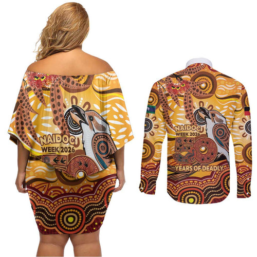 Kookaburra Australia NAIDOC Week 2026 Couples Matching Off Shoulder Short Dress and Long Sleeve Button Shirt 50 Years Deadly Indigenous Art