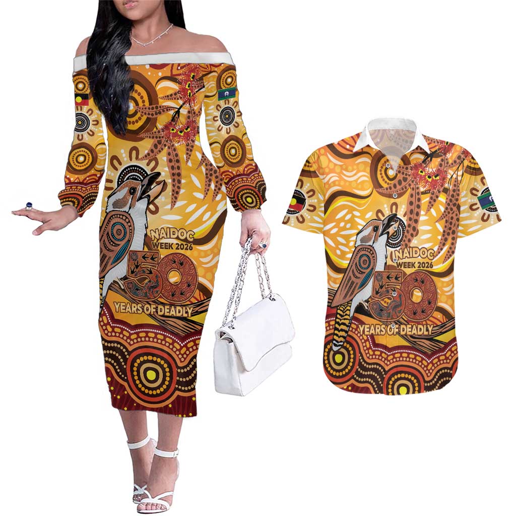Kookaburra Australia NAIDOC Week 2026 Couples Matching Off The Shoulder Long Sleeve Dress and Hawaiian Shirt 50 Years Deadly Indigenous Art