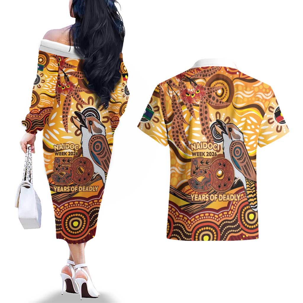 Kookaburra Australia NAIDOC Week 2026 Couples Matching Off The Shoulder Long Sleeve Dress and Hawaiian Shirt 50 Years Deadly Indigenous Art