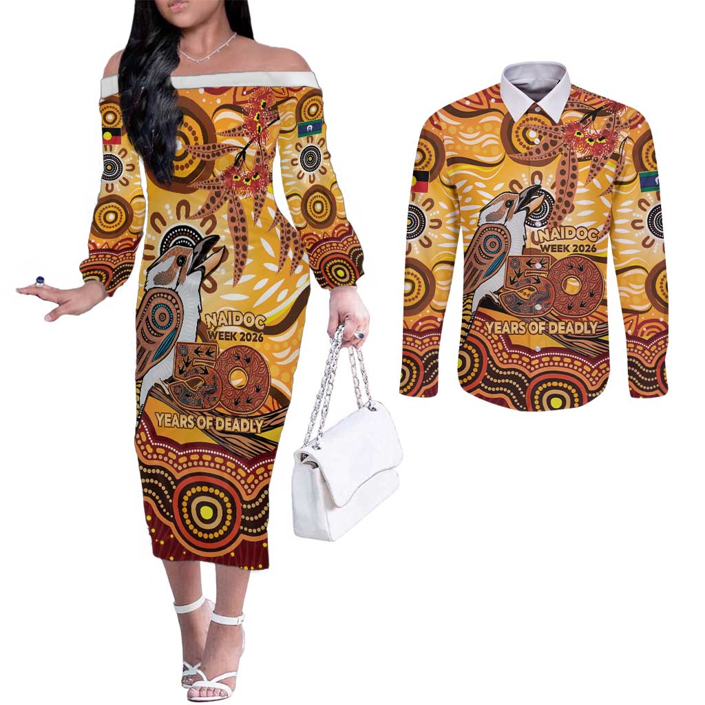 Kookaburra Australia NAIDOC Week 2026 Couples Matching Off The Shoulder Long Sleeve Dress and Long Sleeve Button Shirt 50 Years Deadly Indigenous Art
