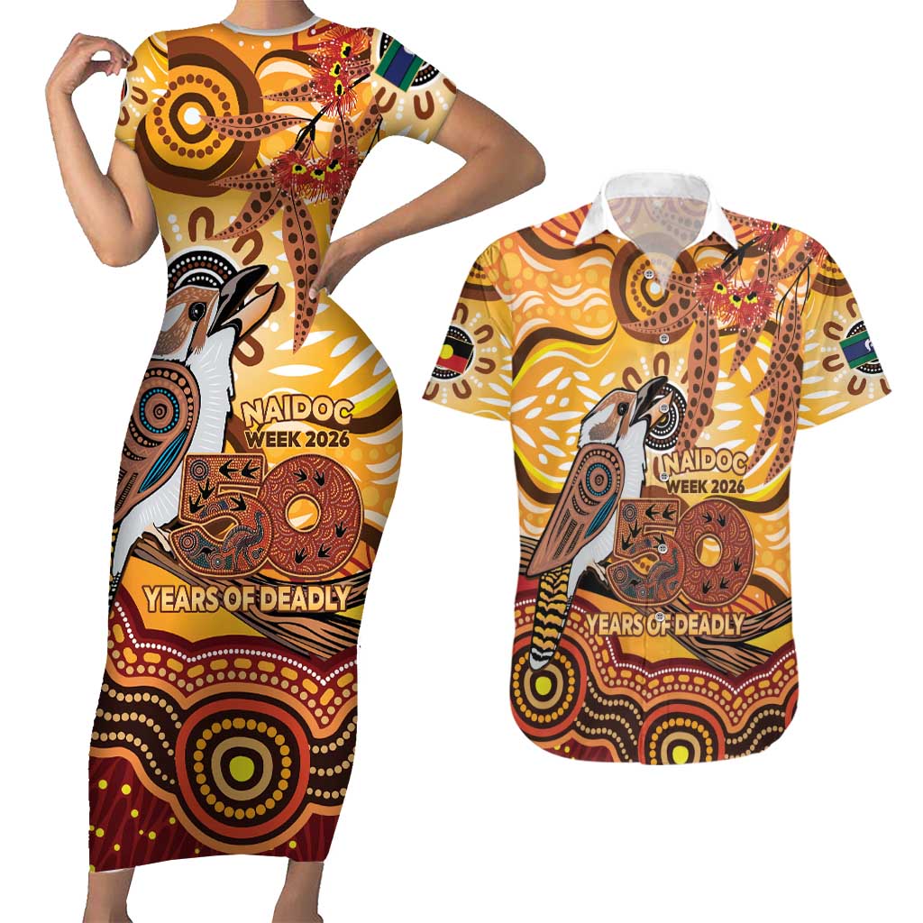 Kookaburra Australia NAIDOC Week 2026 Couples Matching Short Sleeve Bodycon Dress and Hawaiian Shirt 50 Years Deadly Indigenous Art