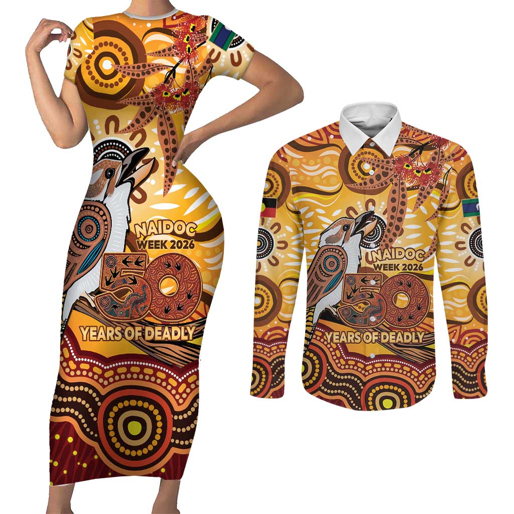 Kookaburra Australia NAIDOC Week 2026 Couples Matching Short Sleeve Bodycon Dress and Long Sleeve Button Shirt 50 Years Deadly Indigenous Art