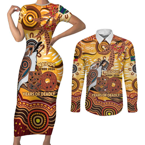 Kookaburra Australia NAIDOC Week 2026 Couples Matching Short Sleeve Bodycon Dress and Long Sleeve Button Shirt 50 Years Deadly Indigenous Art