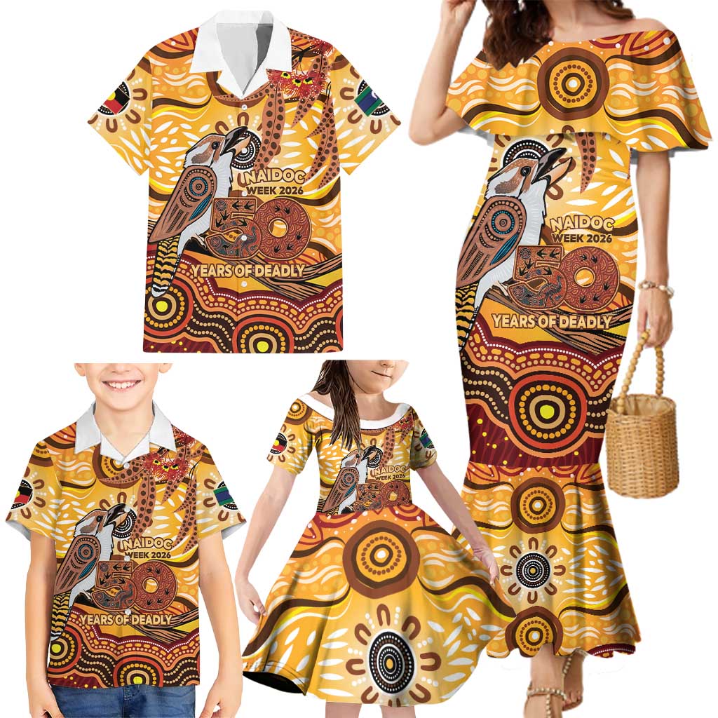 Kookaburra Australia NAIDOC Week 2026 Family Matching Mermaid Dress and Hawaiian Shirt 50 Years Deadly Indigenous Art