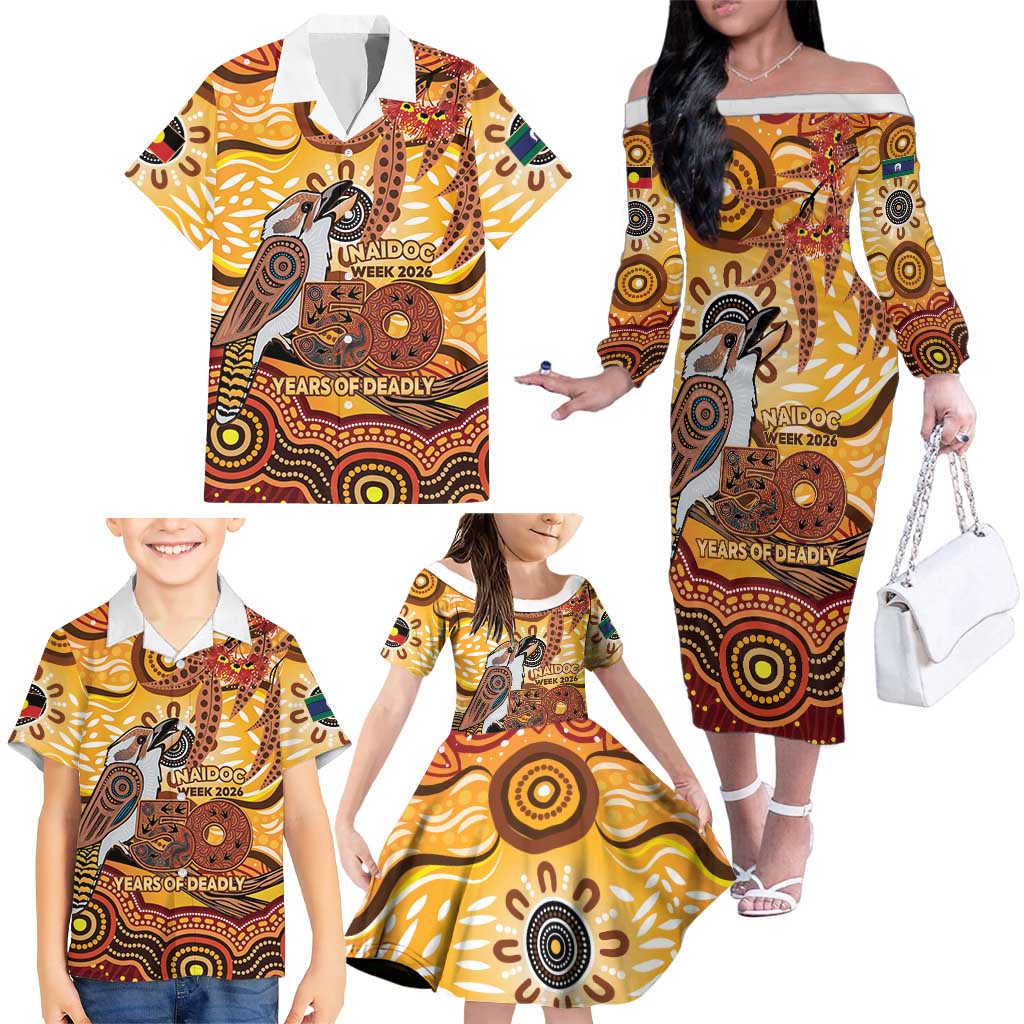 Kookaburra Australia NAIDOC Week 2026 Family Matching Off The Shoulder Long Sleeve Dress and Hawaiian Shirt 50 Years Deadly Indigenous Art