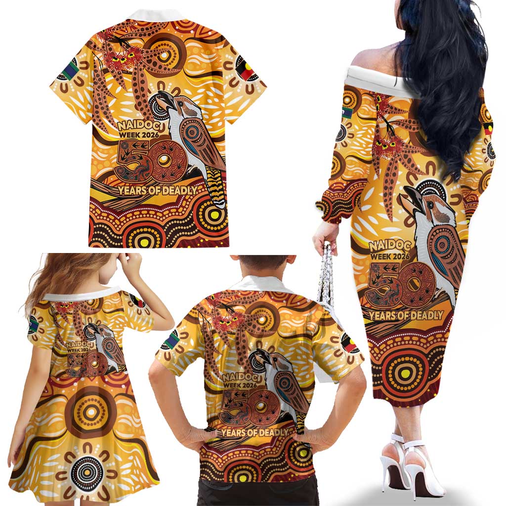 Kookaburra Australia NAIDOC Week 2026 Family Matching Off The Shoulder Long Sleeve Dress and Hawaiian Shirt 50 Years Deadly Indigenous Art