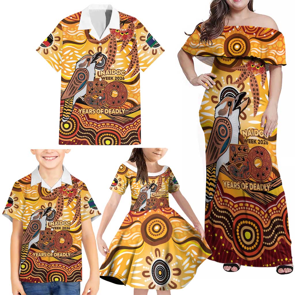 Kookaburra Australia NAIDOC Week 2026 Family Matching Off Shoulder Maxi Dress and Hawaiian Shirt 50 Years Deadly Indigenous Art