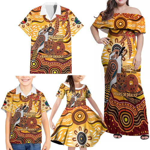 Kookaburra Australia NAIDOC Week 2026 Family Matching Off Shoulder Maxi Dress and Hawaiian Shirt 50 Years Deadly Indigenous Art