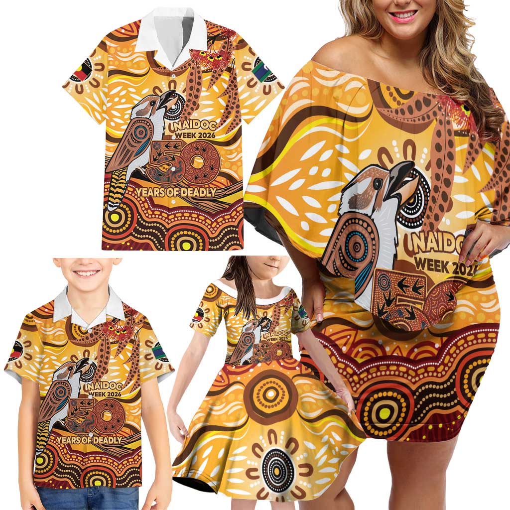 Kookaburra Australia NAIDOC Week 2026 Family Matching Off Shoulder Short Dress and Hawaiian Shirt 50 Years Deadly Indigenous Art