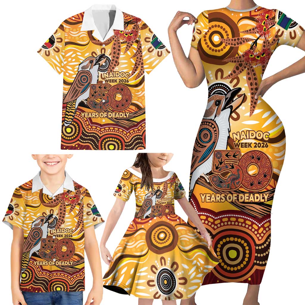 Kookaburra Australia NAIDOC Week 2026 Family Matching Short Sleeve Bodycon Dress and Hawaiian Shirt 50 Years Deadly Indigenous Art