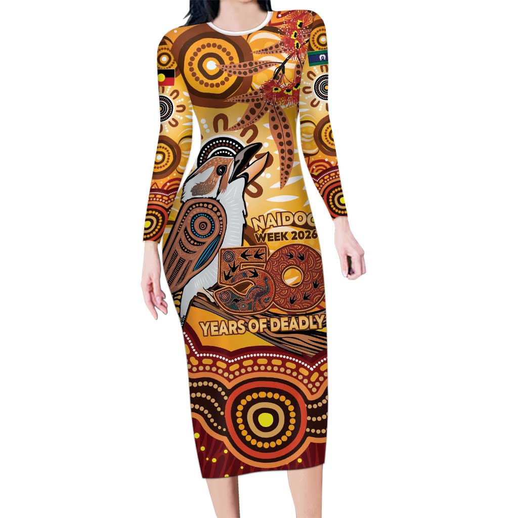 Kookaburra Australia NAIDOC Week 2026 Long Sleeve Bodycon Dress 50 Years Deadly Indigenous Art
