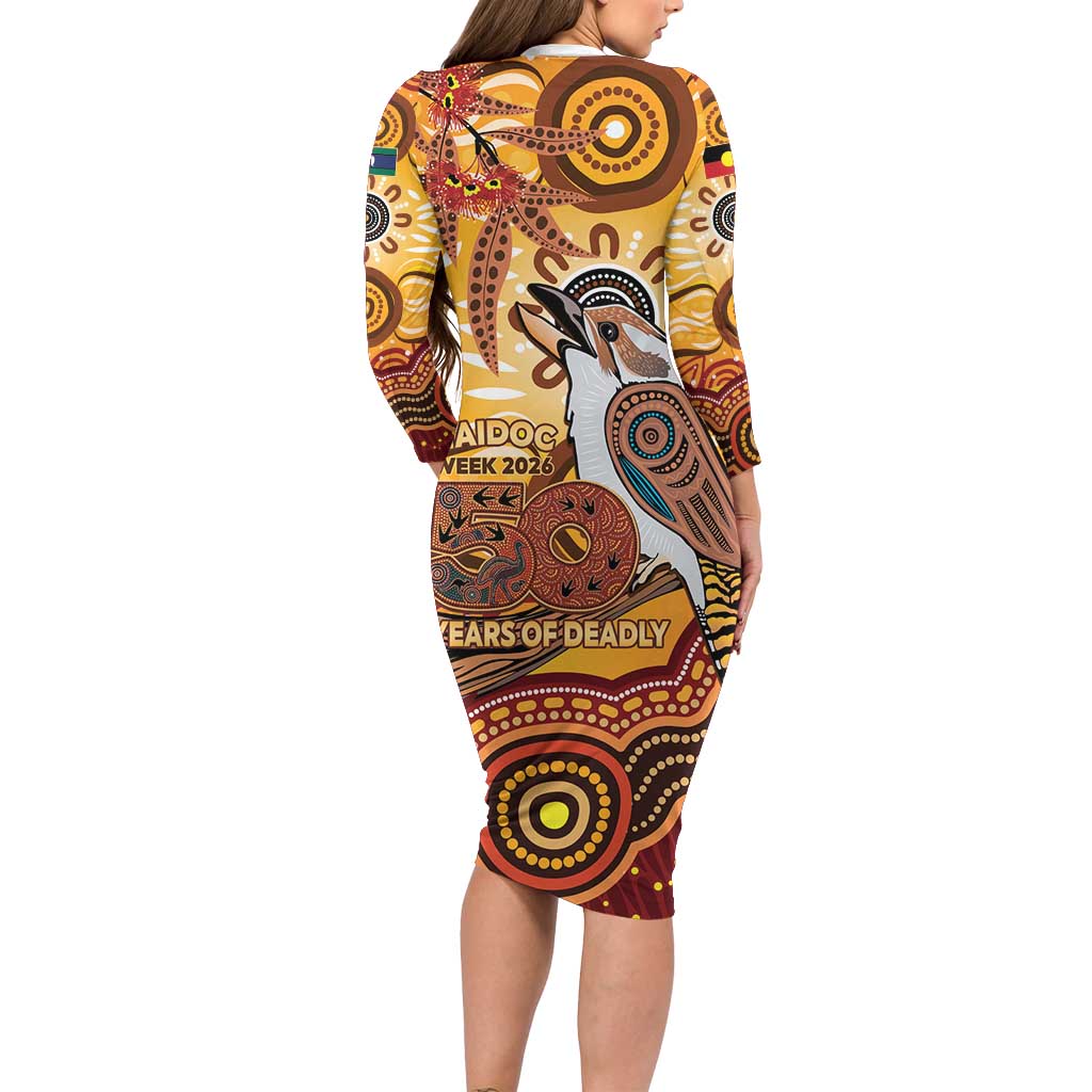 Kookaburra Australia NAIDOC Week 2026 Long Sleeve Bodycon Dress 50 Years Deadly Indigenous Art
