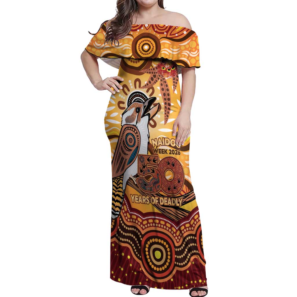 Kookaburra Australia NAIDOC Week 2026 Off Shoulder Maxi Dress 50 Years Deadly Indigenous Art