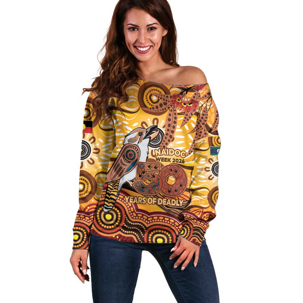 Kookaburra Australia NAIDOC Week 2026 Off Shoulder Sweater 50 Years Deadly Indigenous Art