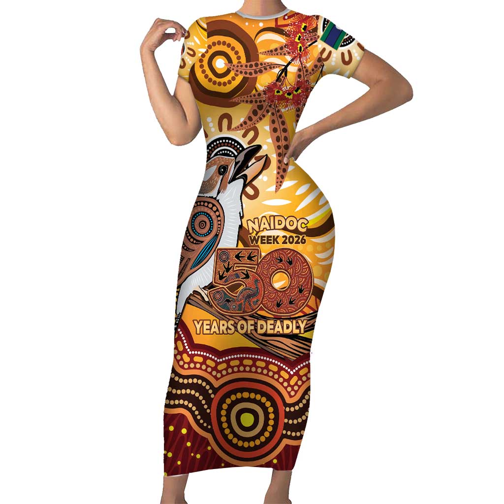 Kookaburra Australia NAIDOC Week 2026 Short Sleeve Bodycon Dress 50 Years Deadly Indigenous Art