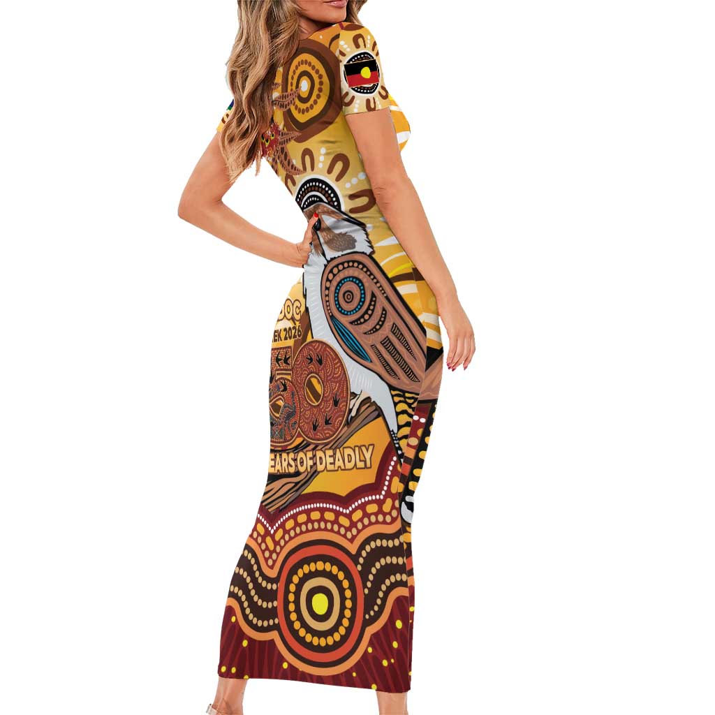 Kookaburra Australia NAIDOC Week 2026 Short Sleeve Bodycon Dress 50 Years Deadly Indigenous Art