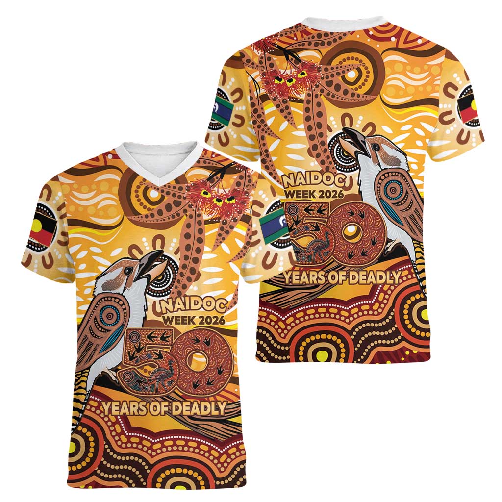 Kookaburra Australia NAIDOC Week 2026 Women V-Neck T-Shirt 50 Years Deadly Indigenous Art