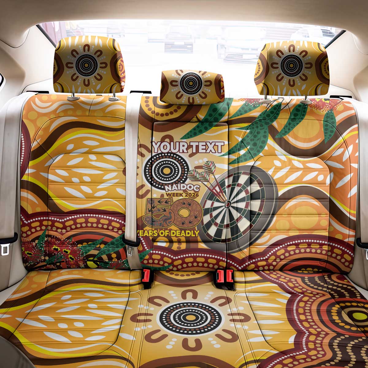 Darts Australia NAIDOC Week 2026 Personalised Back Car Seat Cover 50 Years Deadly Eucalyptus Indigenous Art