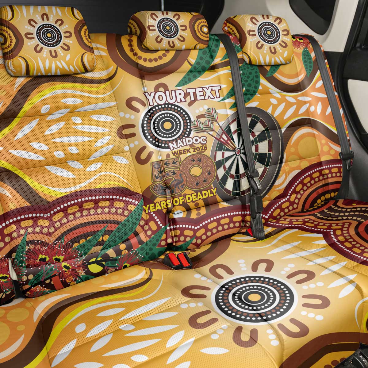 Darts Australia NAIDOC Week 2026 Personalised Back Car Seat Cover 50 Years Deadly Eucalyptus Indigenous Art