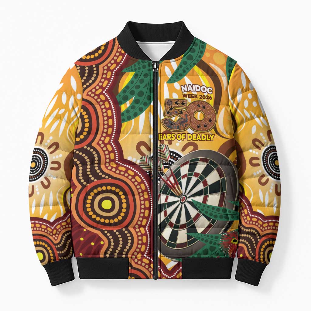 Darts Australia NAIDOC Week 2026 Personalised Bomber Puffer Jacket 50 Years Deadly Eucalyptus Indigenous Art
