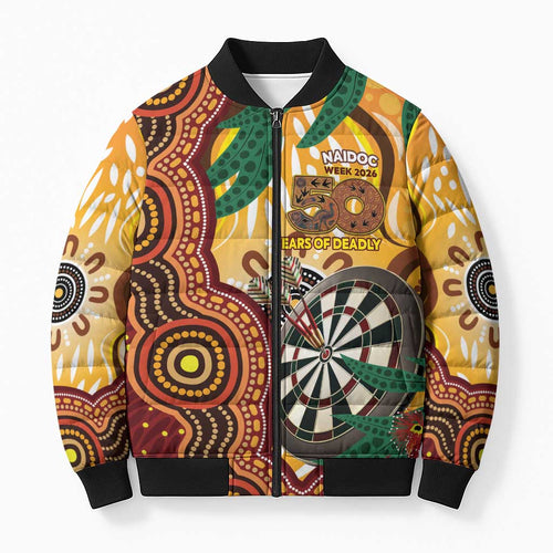 Darts Australia NAIDOC Week 2026 Personalised Bomber Puffer Jacket 50 Years Deadly Eucalyptus Indigenous Art