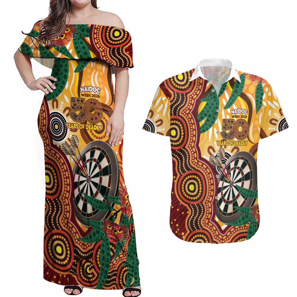 Darts Australia NAIDOC Week 2026 Personalised Couples Matching Off Shoulder Maxi Dress and Hawaiian Shirt 50 Years Deadly Eucalyptus Indigenous Art