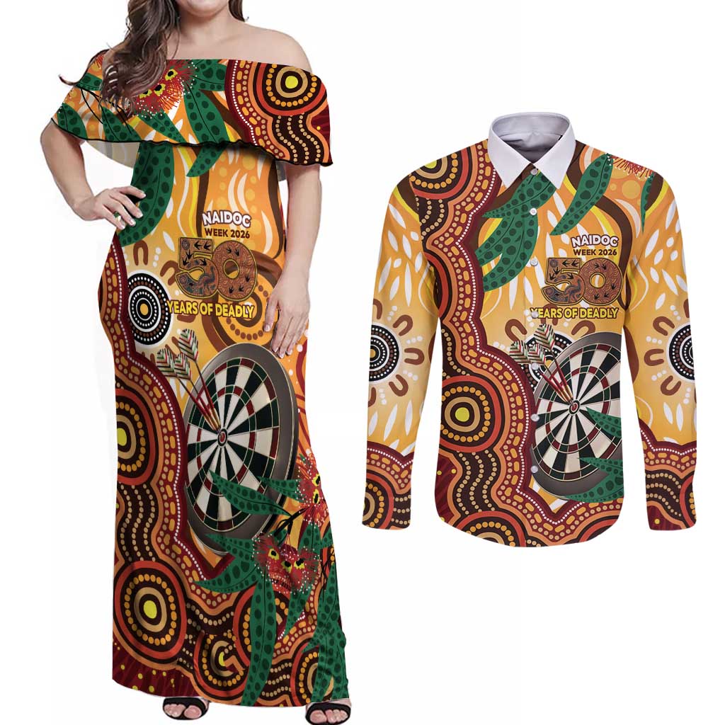 Darts Australia NAIDOC Week 2026 Personalised Couples Matching Off Shoulder Maxi Dress and Long Sleeve Button Shirt 50 Years Deadly Eucalyptus Indigenous Art