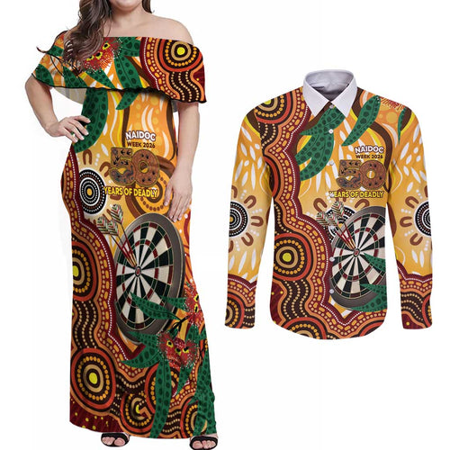 Darts Australia NAIDOC Week 2026 Personalised Couples Matching Off Shoulder Maxi Dress and Long Sleeve Button Shirt 50 Years Deadly Eucalyptus Indigenous Art