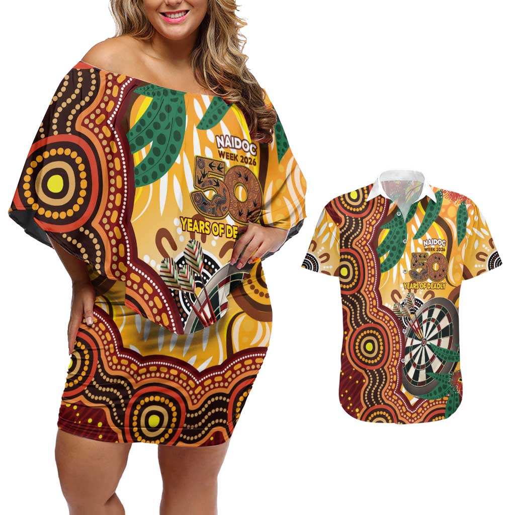Darts Australia NAIDOC Week 2026 Personalised Couples Matching Off Shoulder Short Dress and Hawaiian Shirt 50 Years Deadly Eucalyptus Indigenous Art