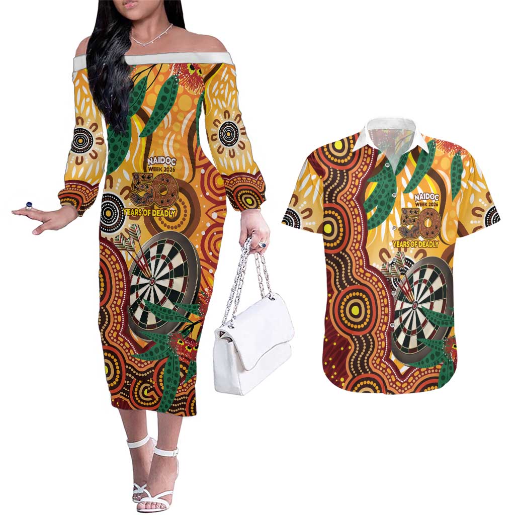 Darts Australia NAIDOC Week 2026 Personalised Couples Matching Off The Shoulder Long Sleeve Dress and Hawaiian Shirt 50 Years Deadly Eucalyptus Indigenous Art