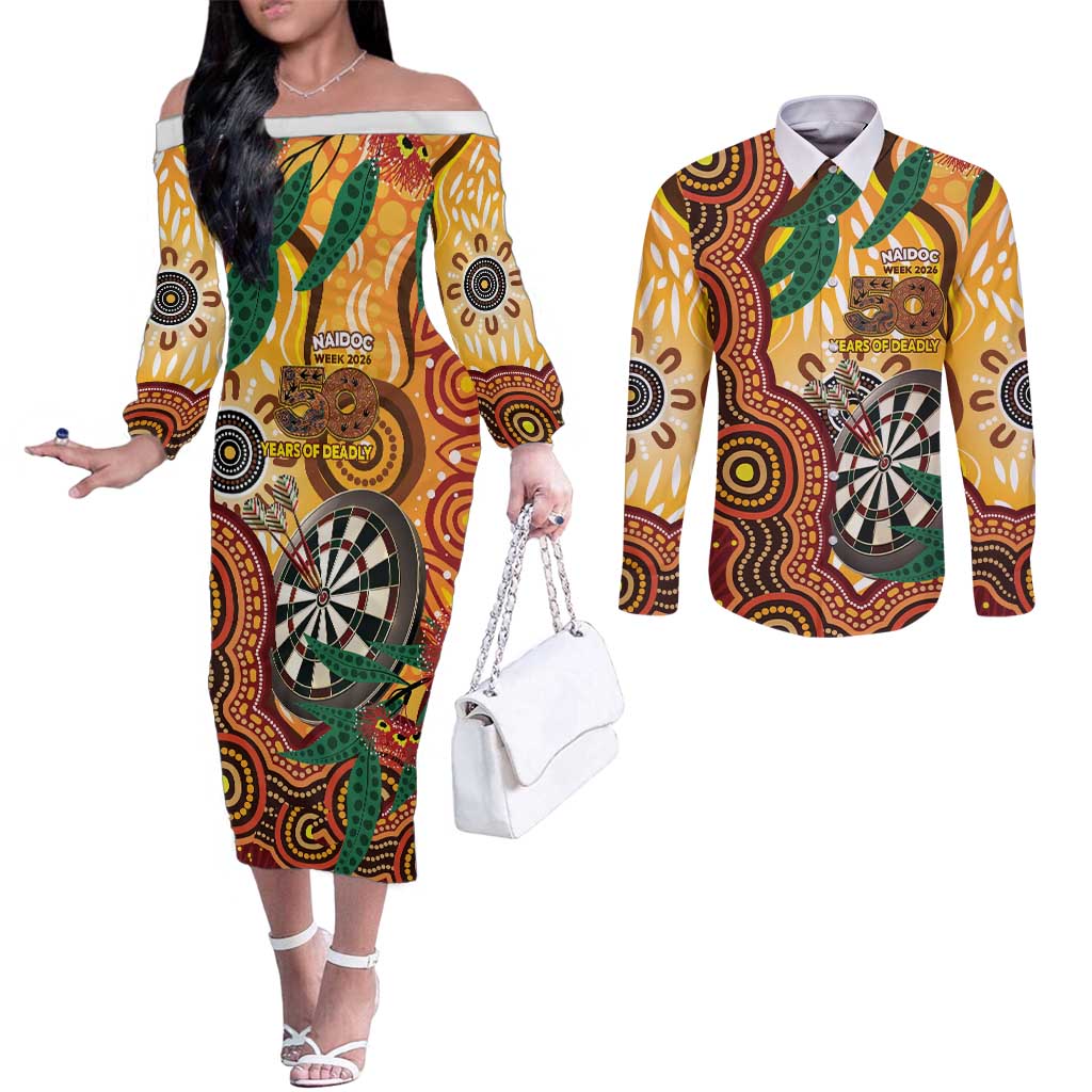 Darts Australia NAIDOC Week 2026 Personalised Couples Matching Off The Shoulder Long Sleeve Dress and Long Sleeve Button Shirt 50 Years Deadly Eucalyptus Indigenous Art