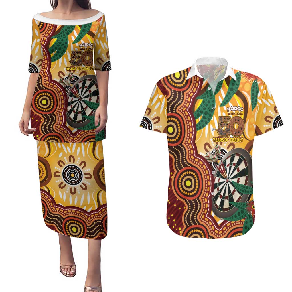 Darts Australia NAIDOC Week 2026 Personalised Couples Matching Puletasi and Hawaiian Shirt 50 Years Deadly Eucalyptus Indigenous Art