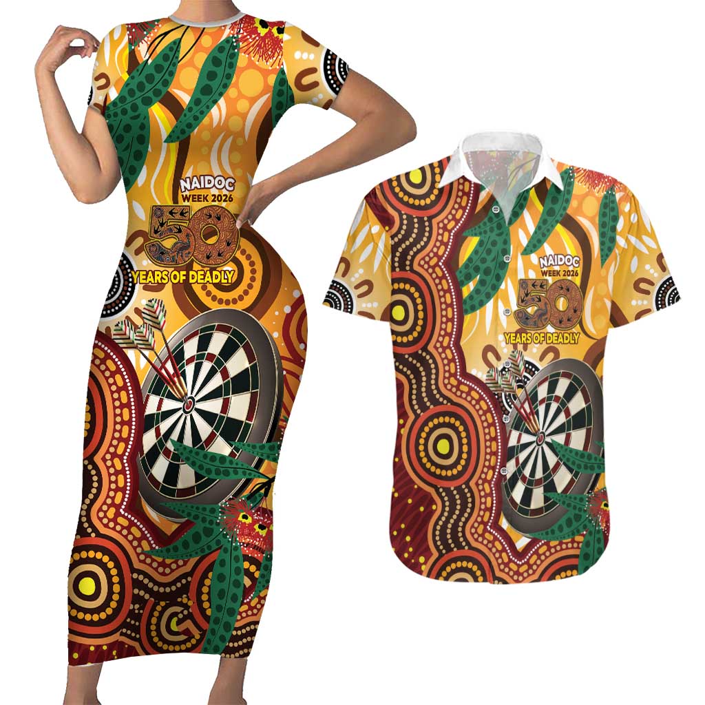 Darts Australia NAIDOC Week 2026 Personalised Couples Matching Short Sleeve Bodycon Dress and Hawaiian Shirt 50 Years Deadly Eucalyptus Indigenous Art