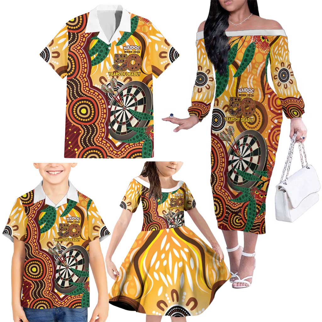 Darts Australia NAIDOC Week 2026 Personalised Family Matching Off The Shoulder Long Sleeve Dress and Hawaiian Shirt 50 Years Deadly Eucalyptus Indigenous Art