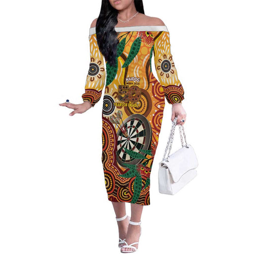 Darts Australia NAIDOC Week 2026 Personalised Family Matching Off The Shoulder Long Sleeve Dress and Hawaiian Shirt 50 Years Deadly Eucalyptus Indigenous Art